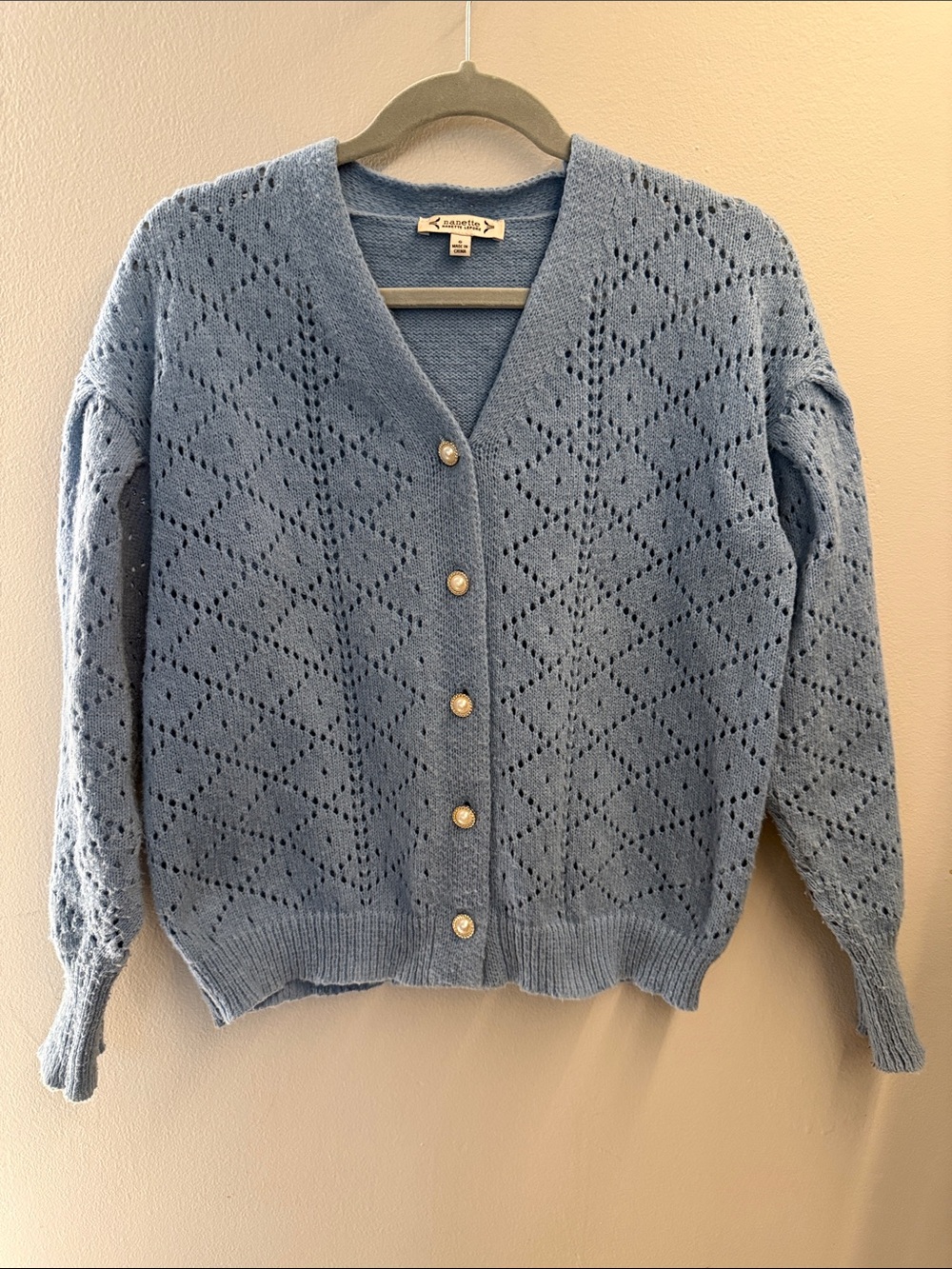 Nanette Lepore Light Blue Pointelle V-Neck Cardigan